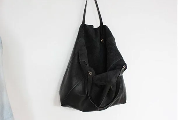[ On Sale ] Handmade Womens Leather Black Tote Bag Stylish Large Leather Tote For Women