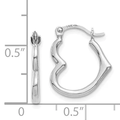 14k White Gold 16mm Heart Hinged Hoop Earrings