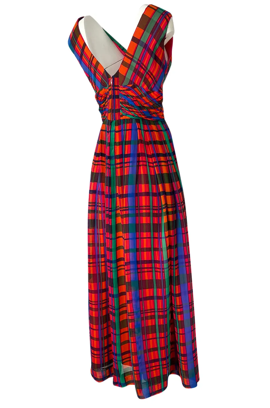1970s Mollie Parnis Boutique Plaid Coral Blue & Green Print Chiffon Dress