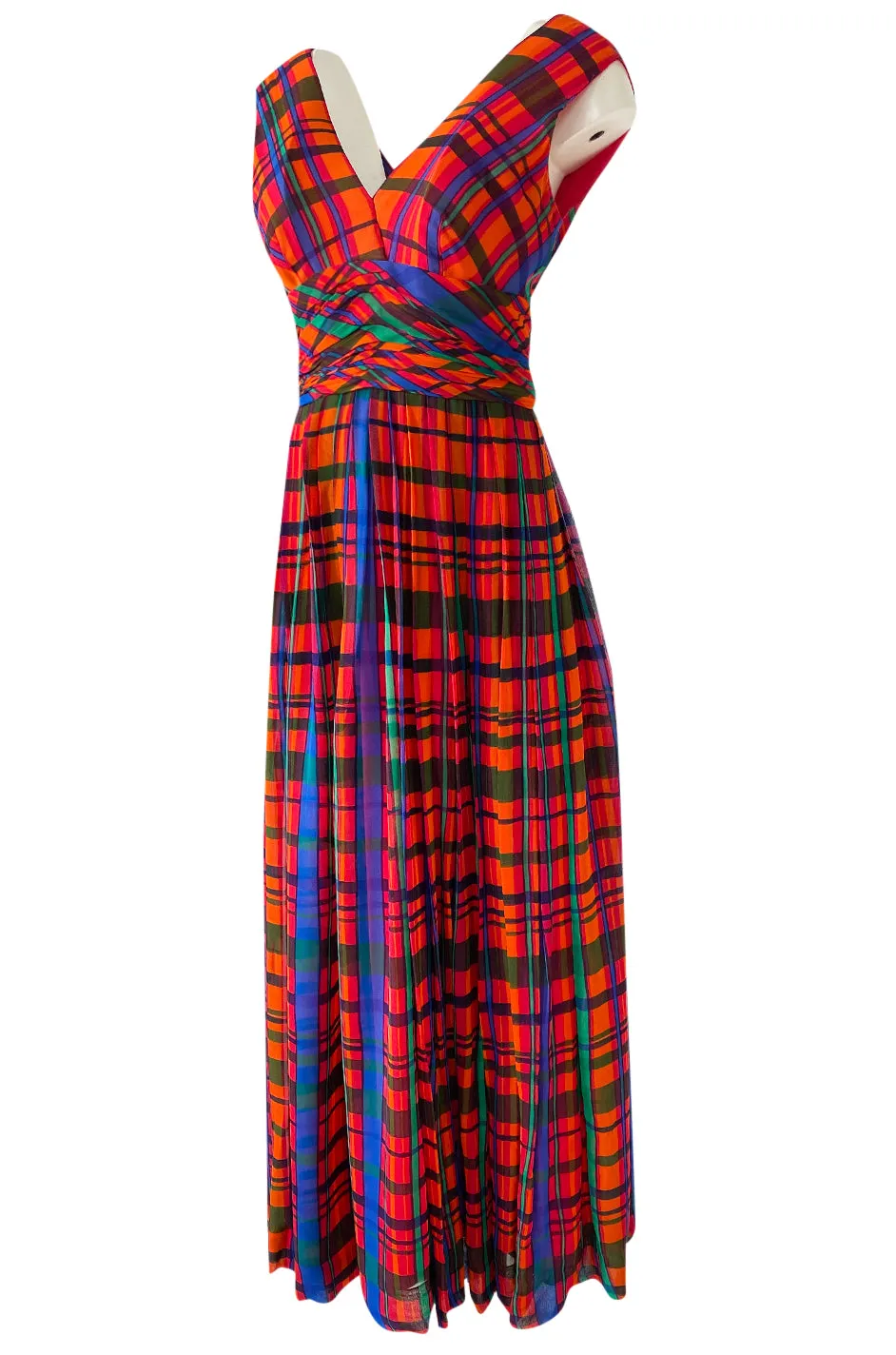 1970s Mollie Parnis Boutique Plaid Coral Blue & Green Print Chiffon Dress
