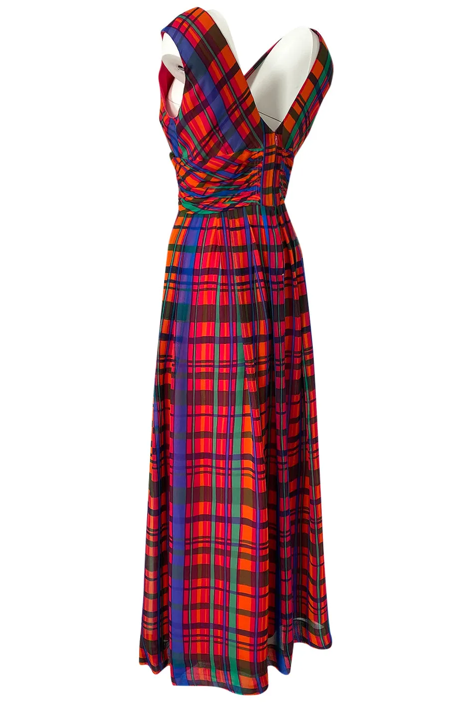 1970s Mollie Parnis Boutique Plaid Coral Blue & Green Print Chiffon Dress