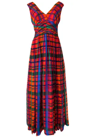 1970s Mollie Parnis Boutique Plaid Coral Blue & Green Print Chiffon Dress