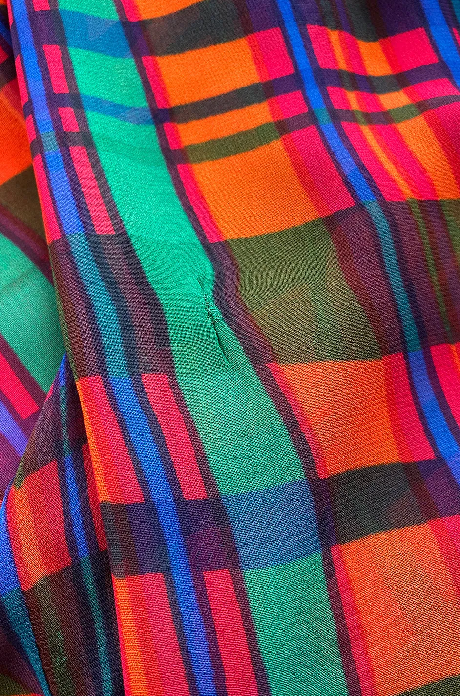 1970s Mollie Parnis Boutique Plaid Coral Blue & Green Print Chiffon Dress
