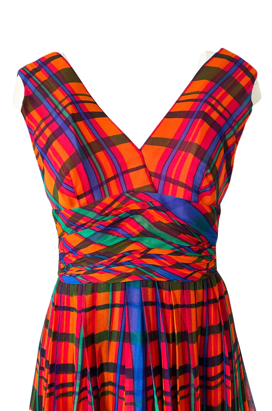 1970s Mollie Parnis Boutique Plaid Coral Blue & Green Print Chiffon Dress