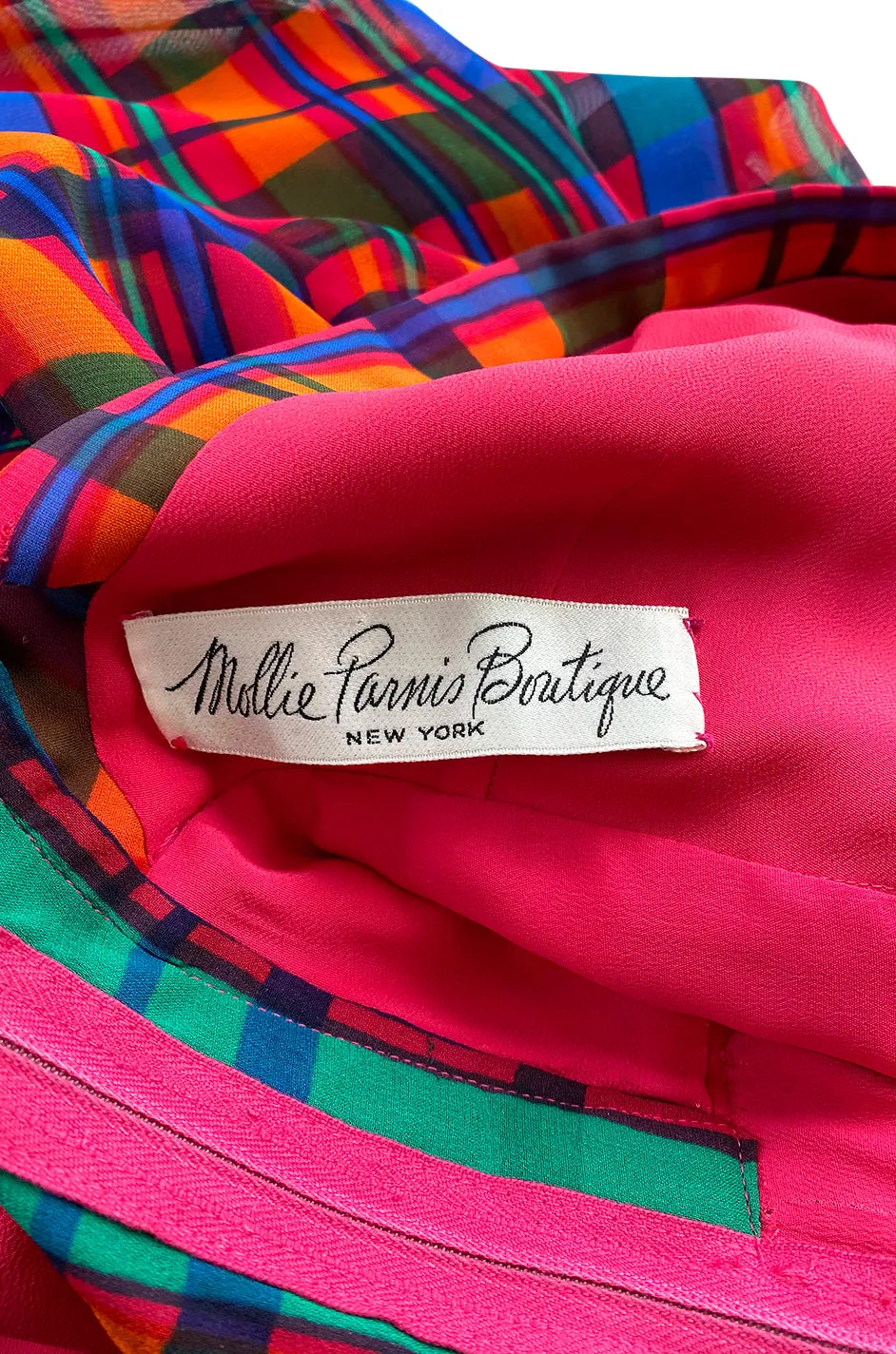 1970s Mollie Parnis Boutique Plaid Coral Blue & Green Print Chiffon Dress