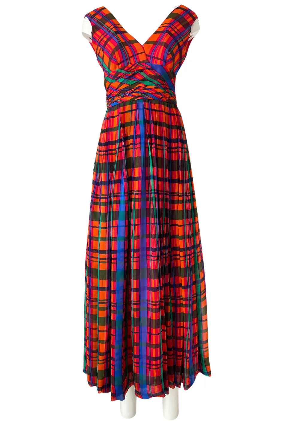 1970s Mollie Parnis Boutique Plaid Coral Blue & Green Print Chiffon Dress
