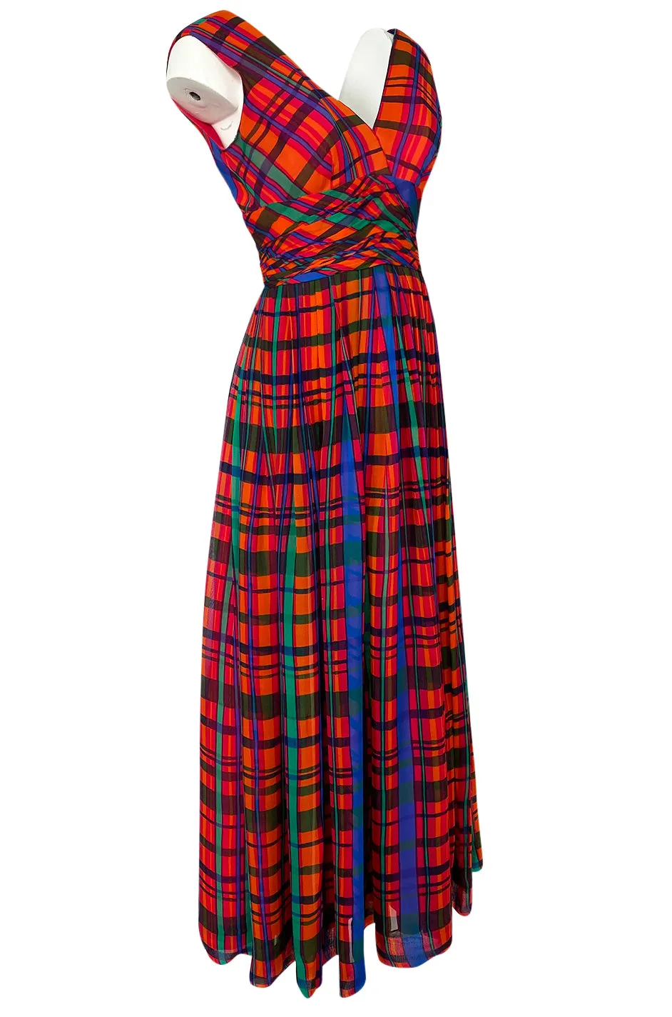 1970s Mollie Parnis Boutique Plaid Coral Blue & Green Print Chiffon Dress