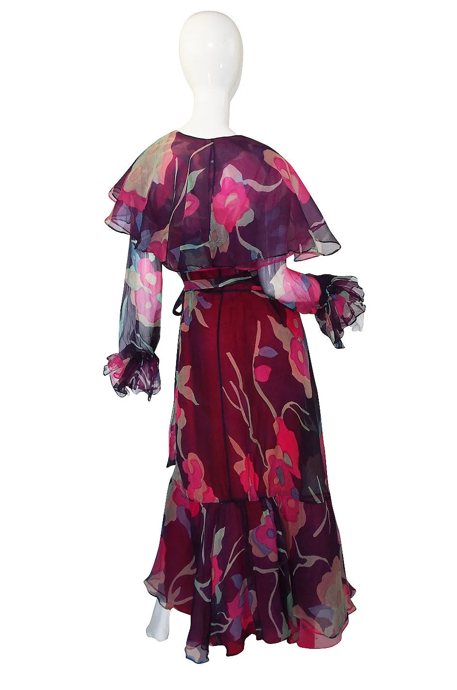 1970s Silk Chiffon & Floral Wrap Dress