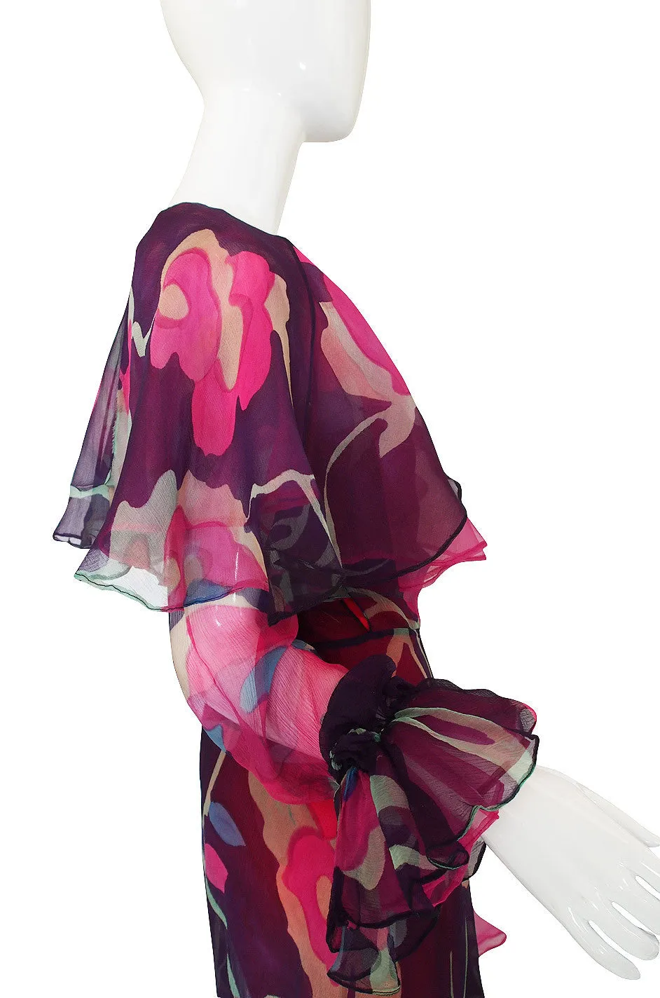1970s Silk Chiffon & Floral Wrap Dress