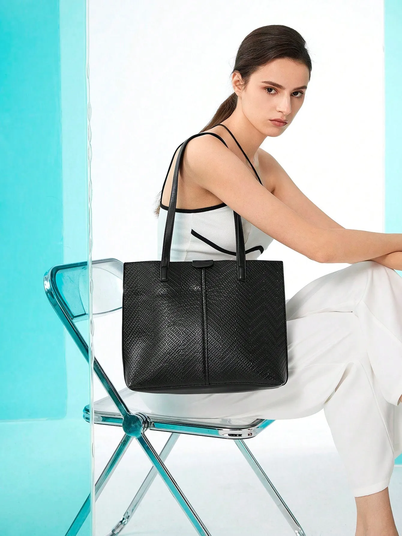 1pc Large Capacity Pu Leather Tote Bag