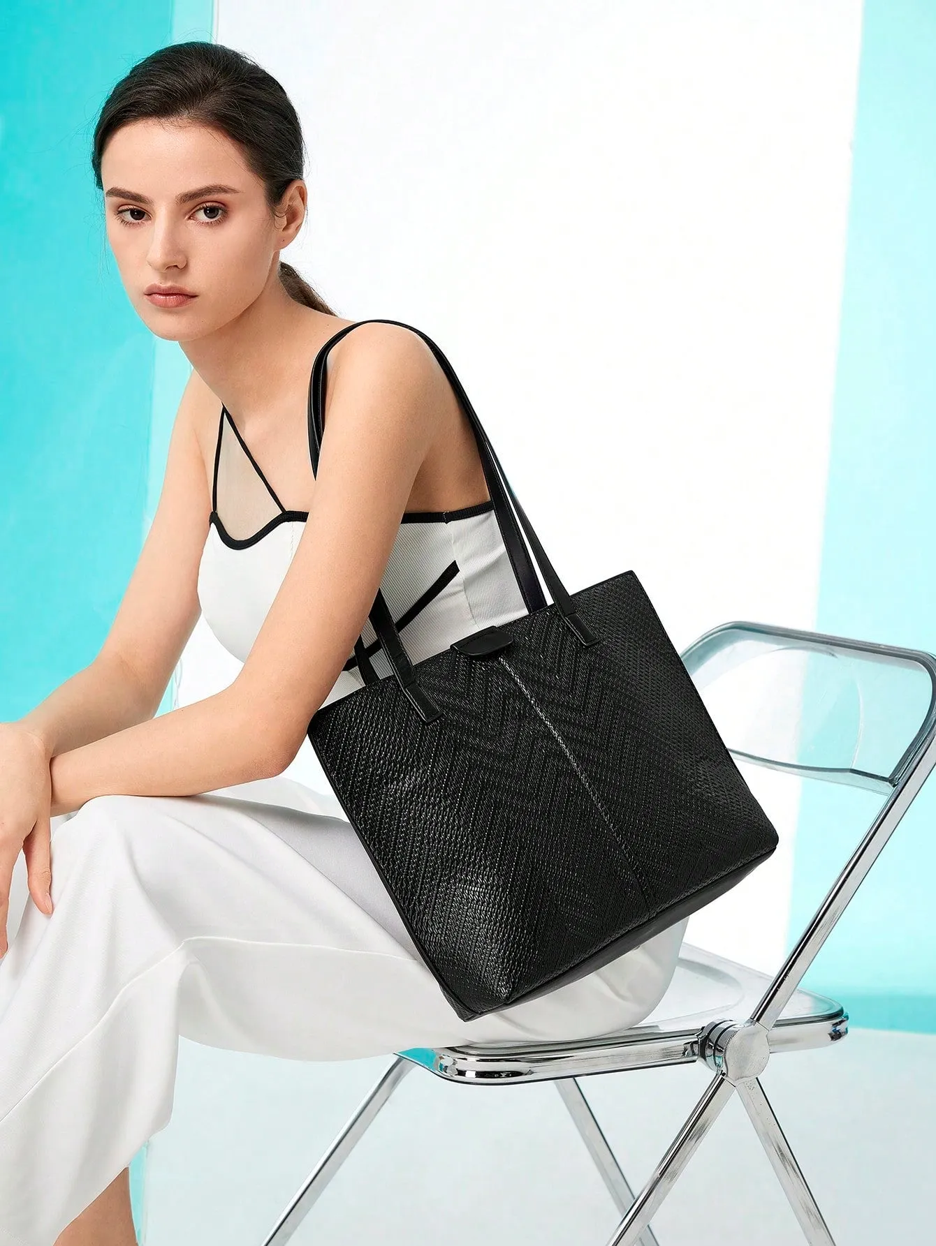 1pc Large Capacity Pu Leather Tote Bag