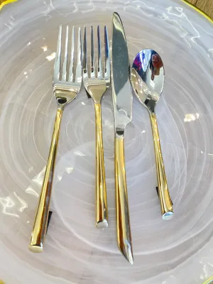20 piece two tone gold flatware set with flat bottom