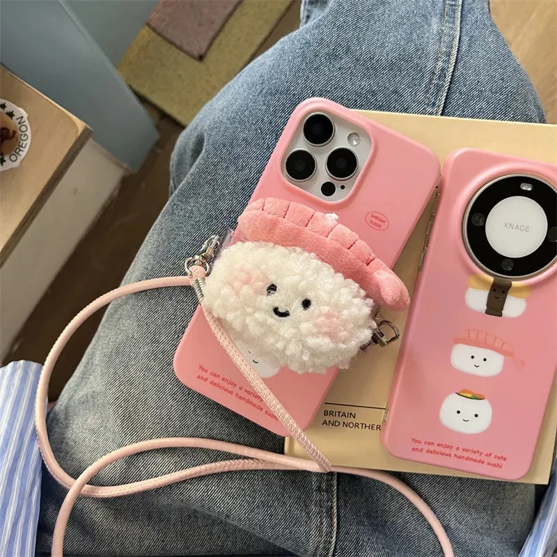 Adorable Kawaii Sushi Plush Crossbody Phone Case 🍣✨ for iPhone 12/13/14/16 Pro Max - Cute Cartoon Design with Lanyard! 🌈📱