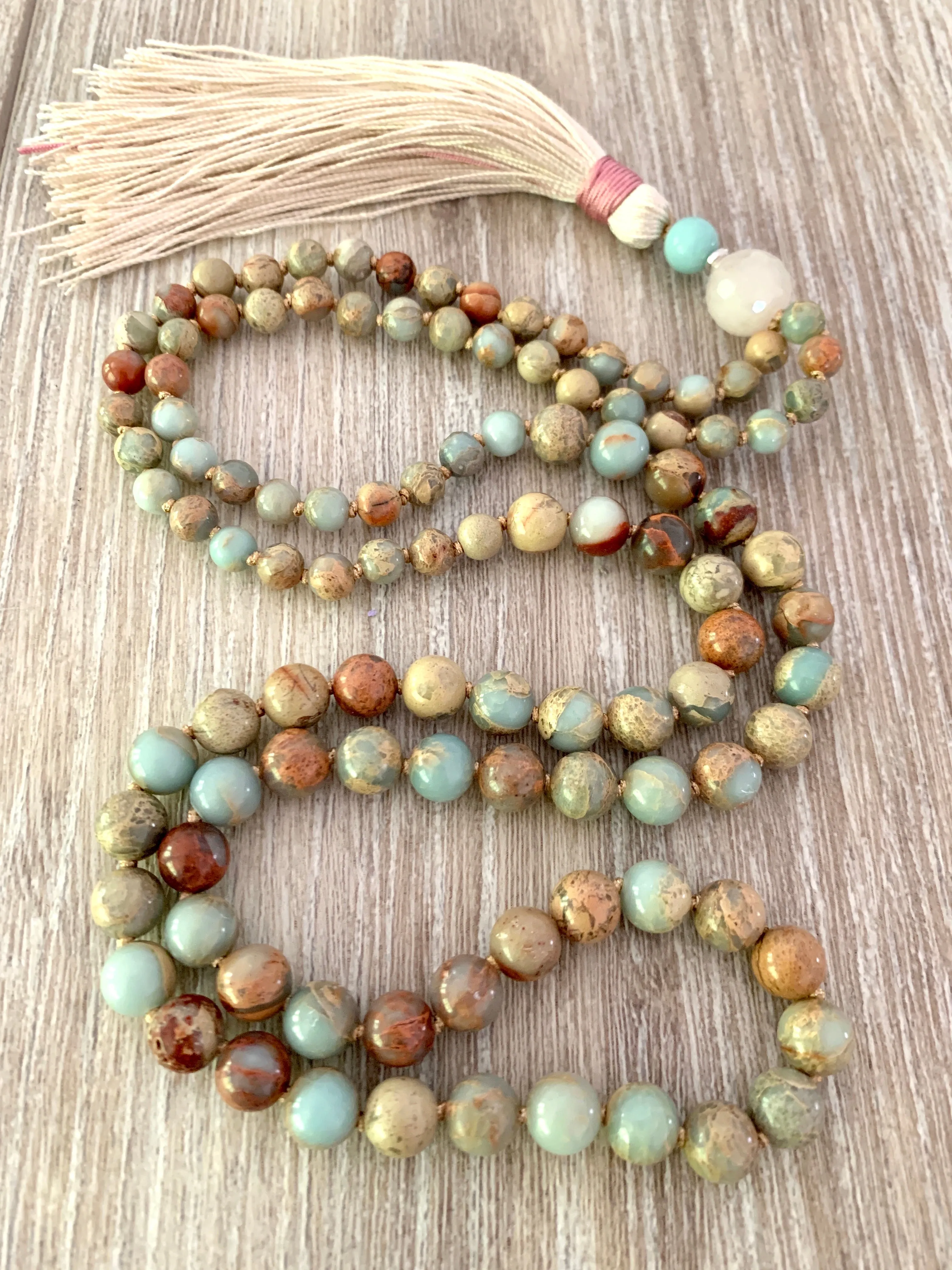 African Opal Mala Bead Necklace