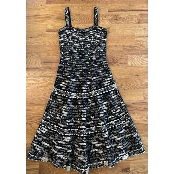Anthropologie Elevenses Black‎ Vintage Fit &amp; Flare Midi Dress Size 2 Black White