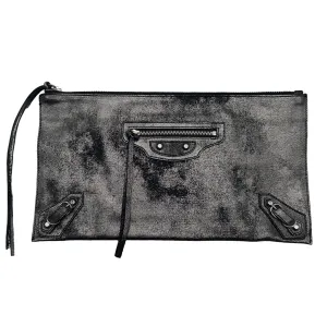 BALENCIAGA Leather Clutch - Metallic Gunmetal Grey