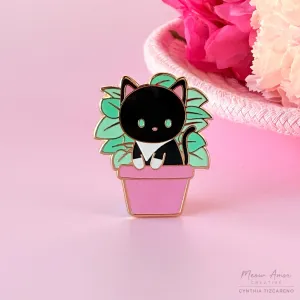 Black Cat Pink Plant Enamel Pin