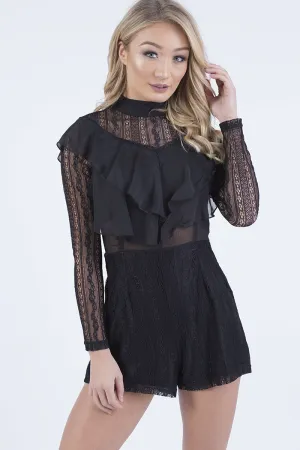 Black High Neck Frill Lace Playsuit - Katie