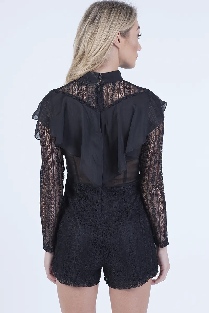 Black High Neck Frill Lace Playsuit - Katie