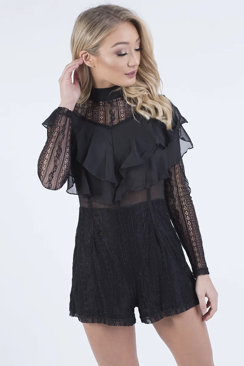 Black High Neck Frill Lace Playsuit - Katie