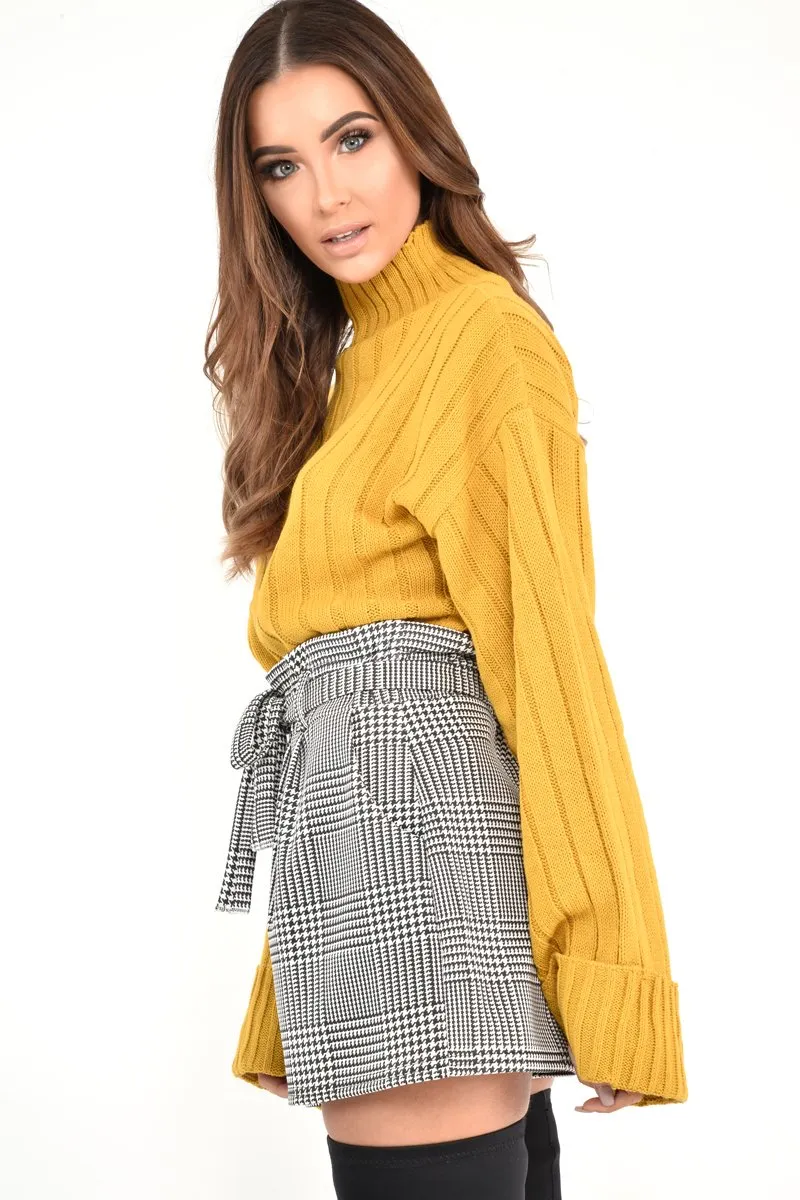 Black White Houndstooth Paper Bag Waist Shorts - Rhyla