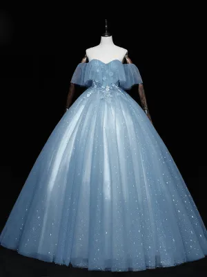 Blue sweetheart neck tulle lace long prom dress, blue evening dress