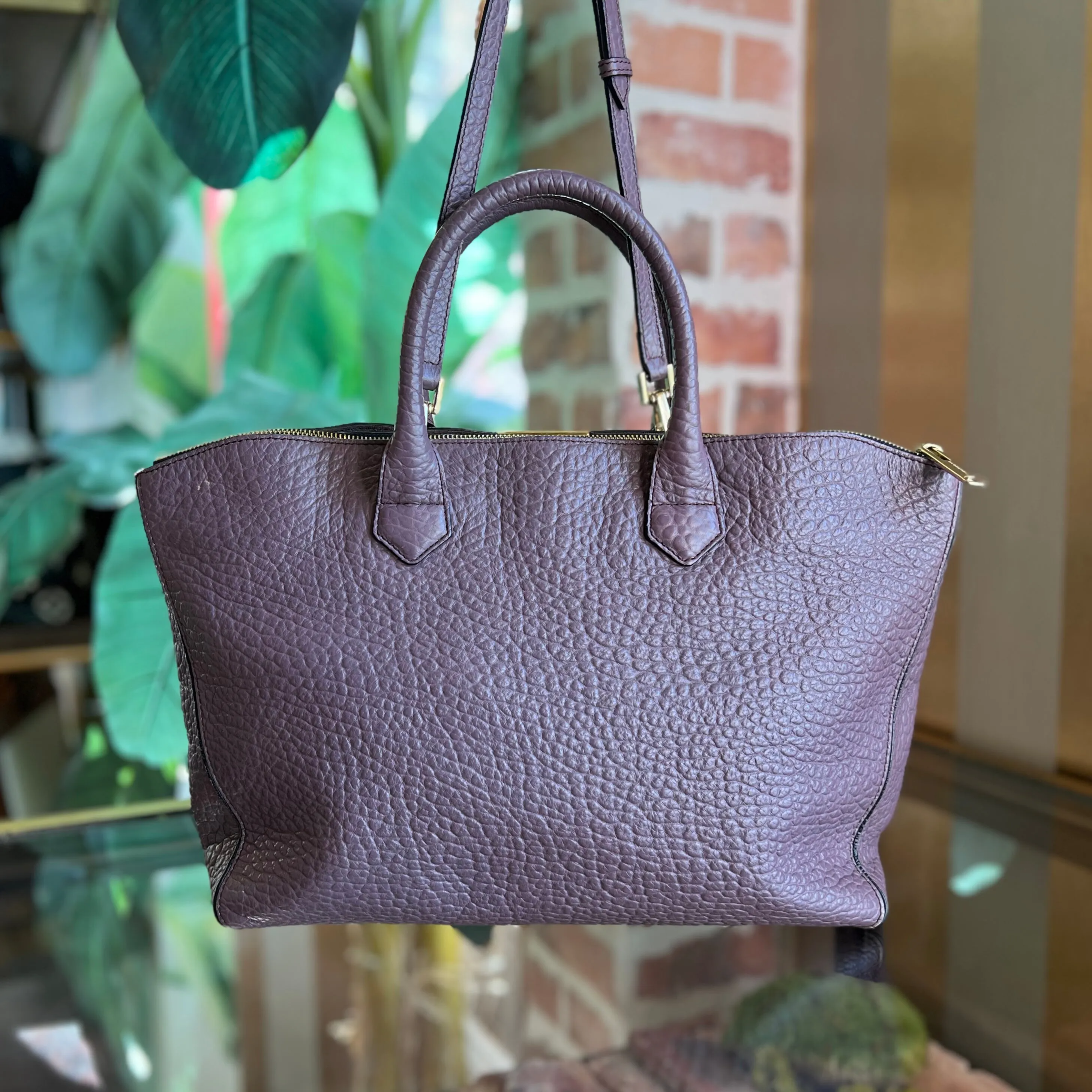 BURBERRY Dewsbury Purple Pebbled Leather Tote Bag