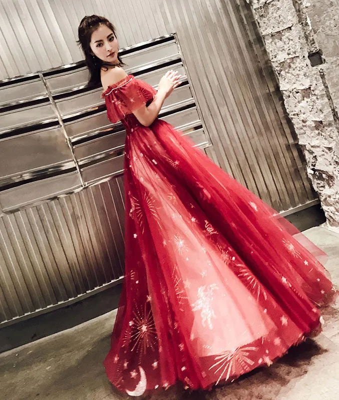 Burgundy tulle lace long prom dress, burgundy tulle evening dress