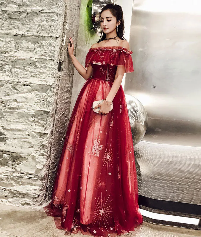 Burgundy tulle lace long prom dress, burgundy tulle evening dress