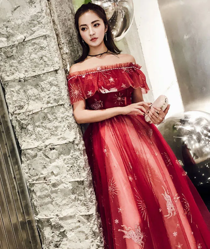 Burgundy tulle lace long prom dress, burgundy tulle evening dress