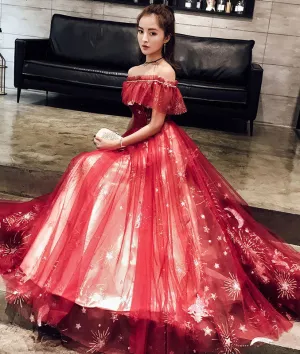 Burgundy tulle lace long prom dress, burgundy tulle evening dress