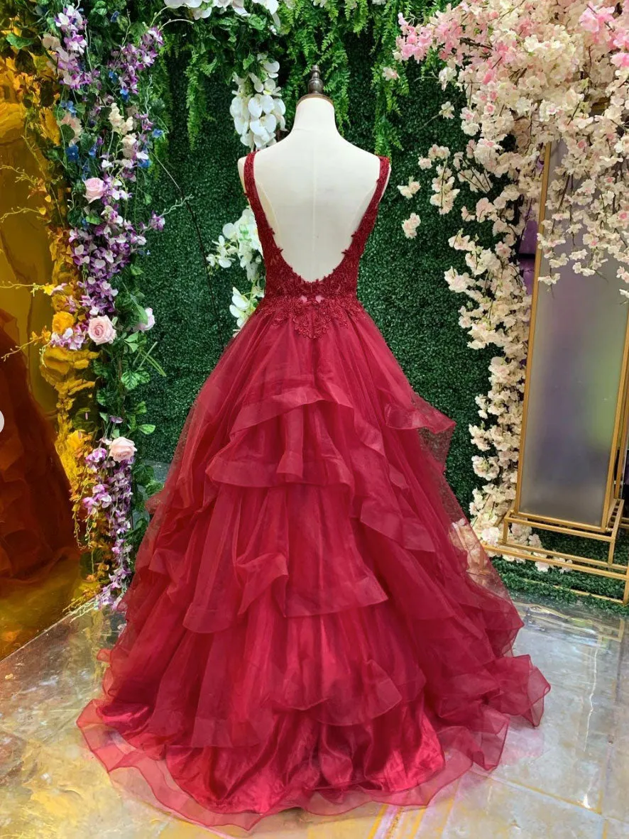 Burgundy v neck tulle lace long prom dress, burgundy evening dress