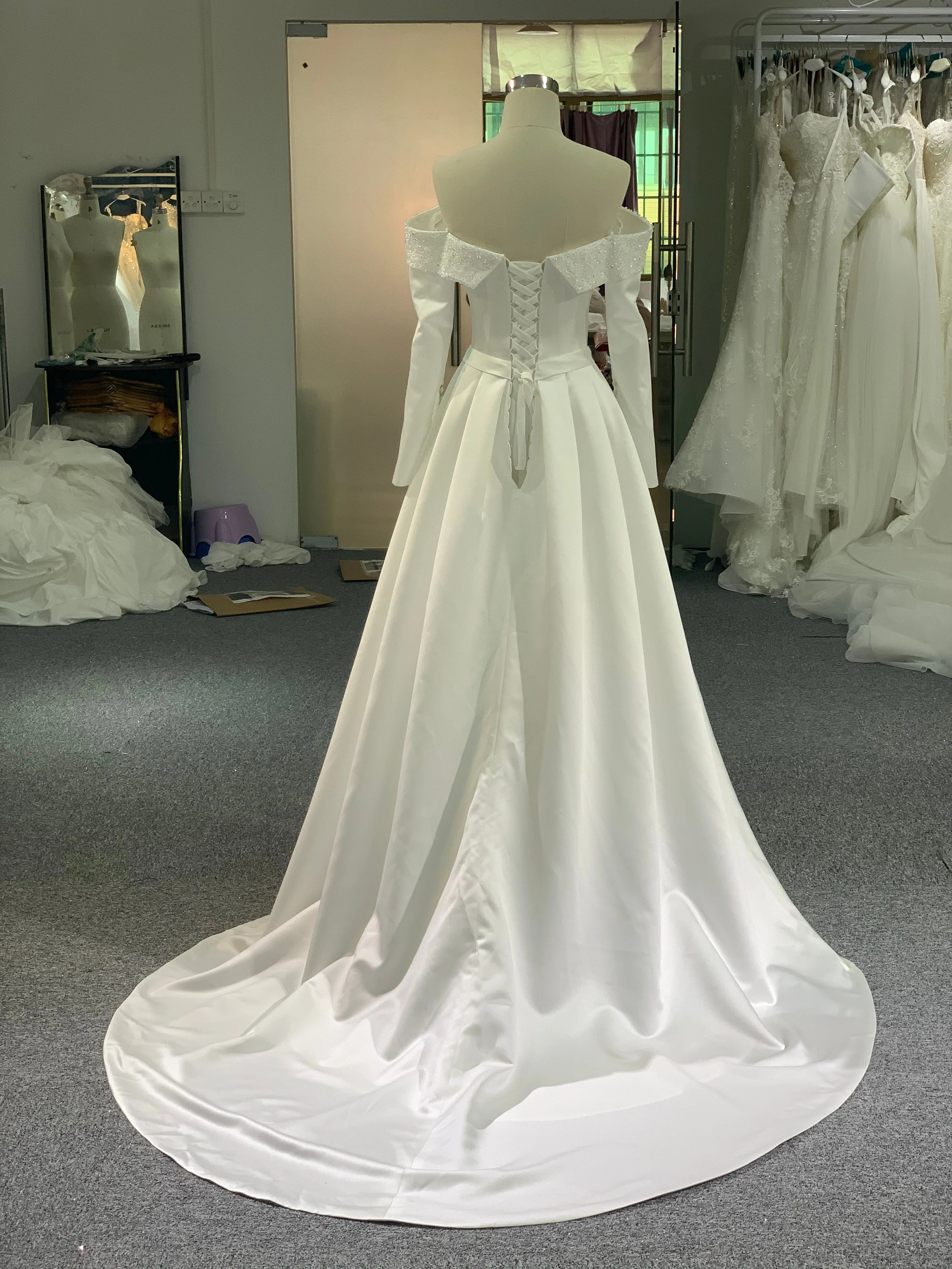 BYG elegant satin off the shoulder long sleeves A line dress