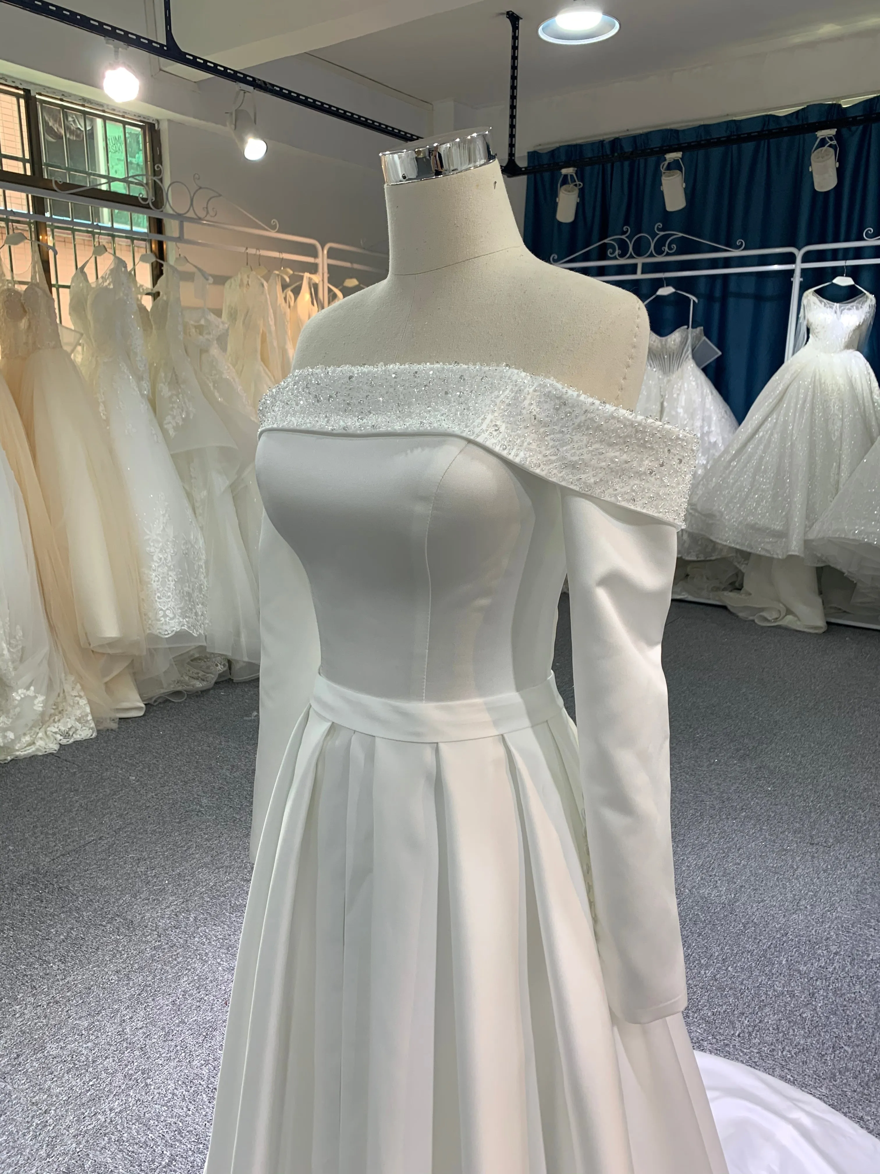 BYG elegant satin off the shoulder long sleeves A line dress