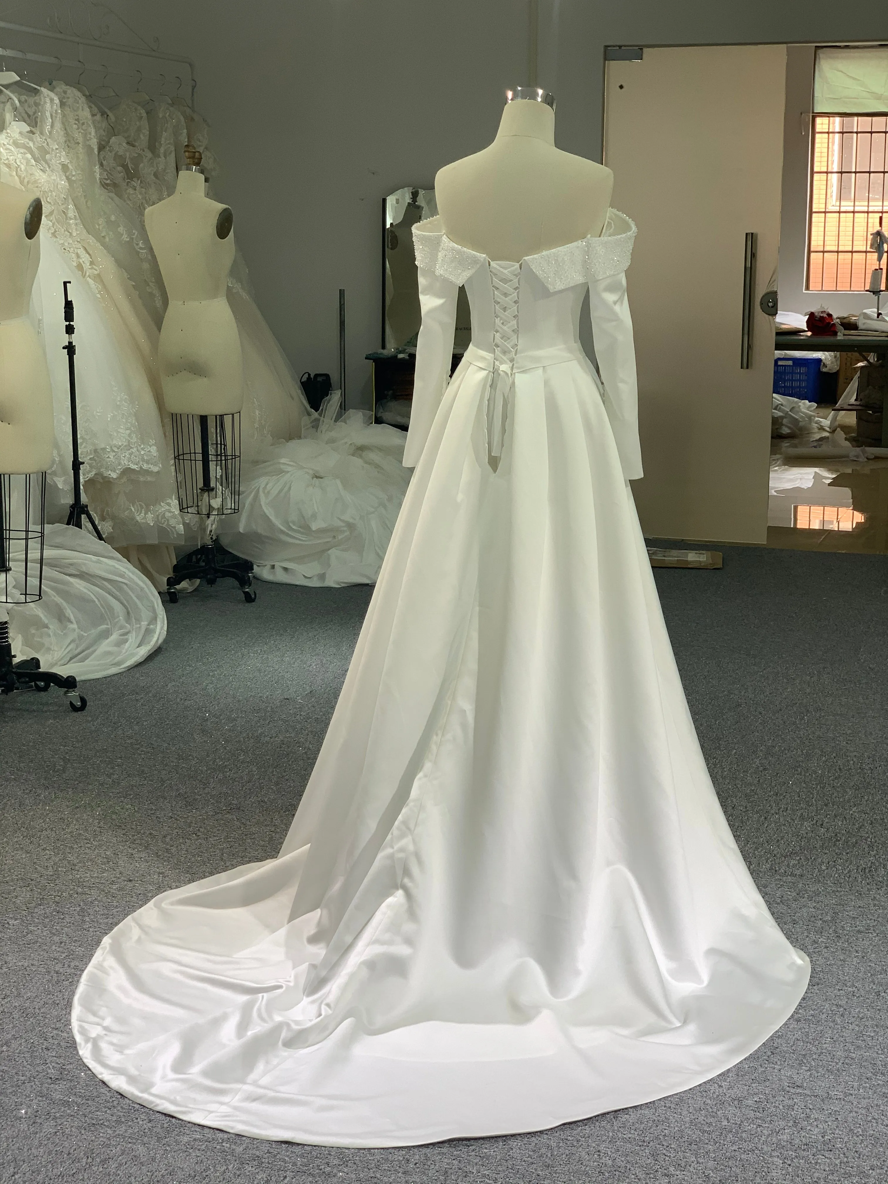 BYG elegant satin off the shoulder long sleeves A line dress