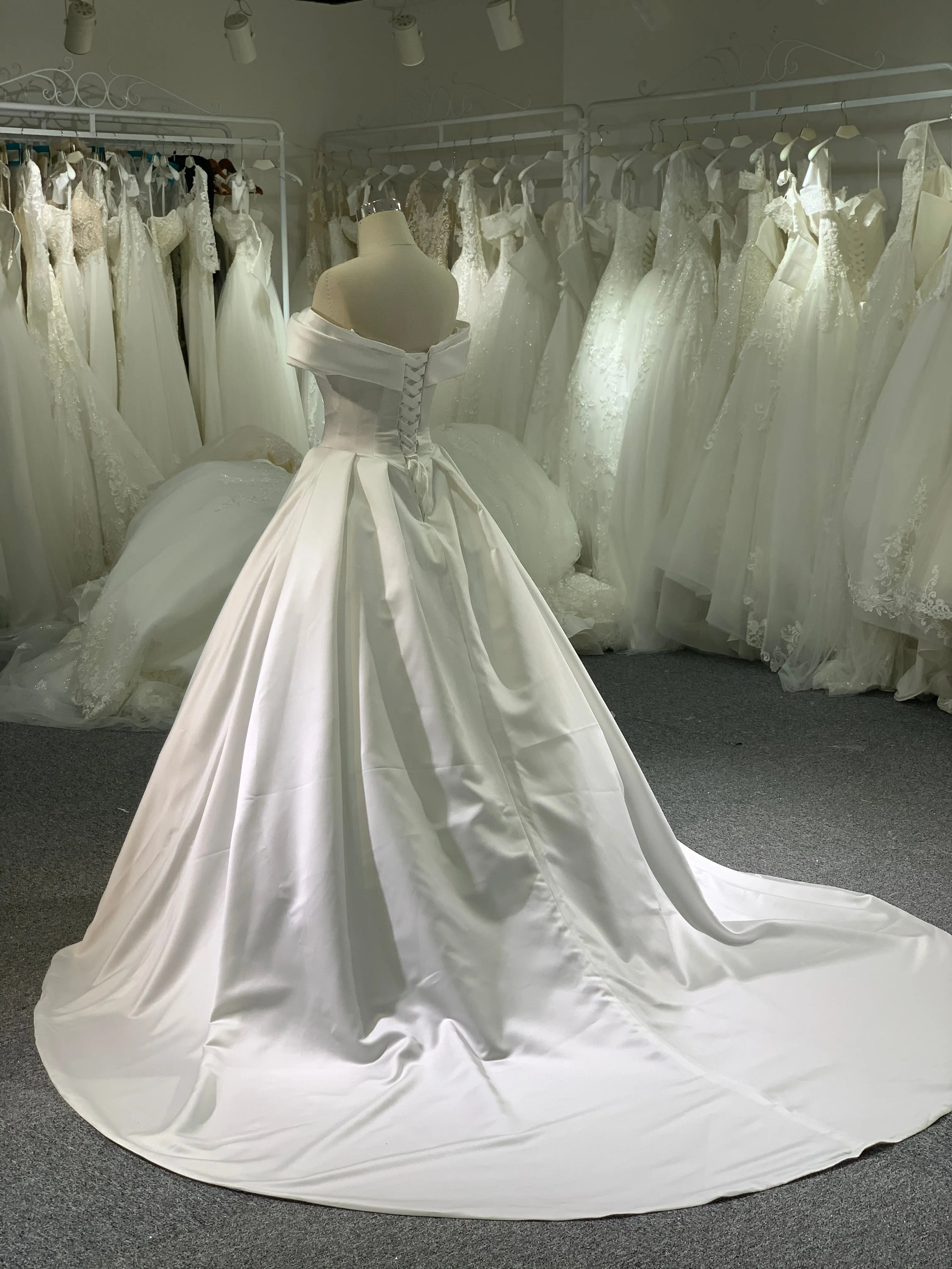 BYG elegant satin off the shoulder wedding dress