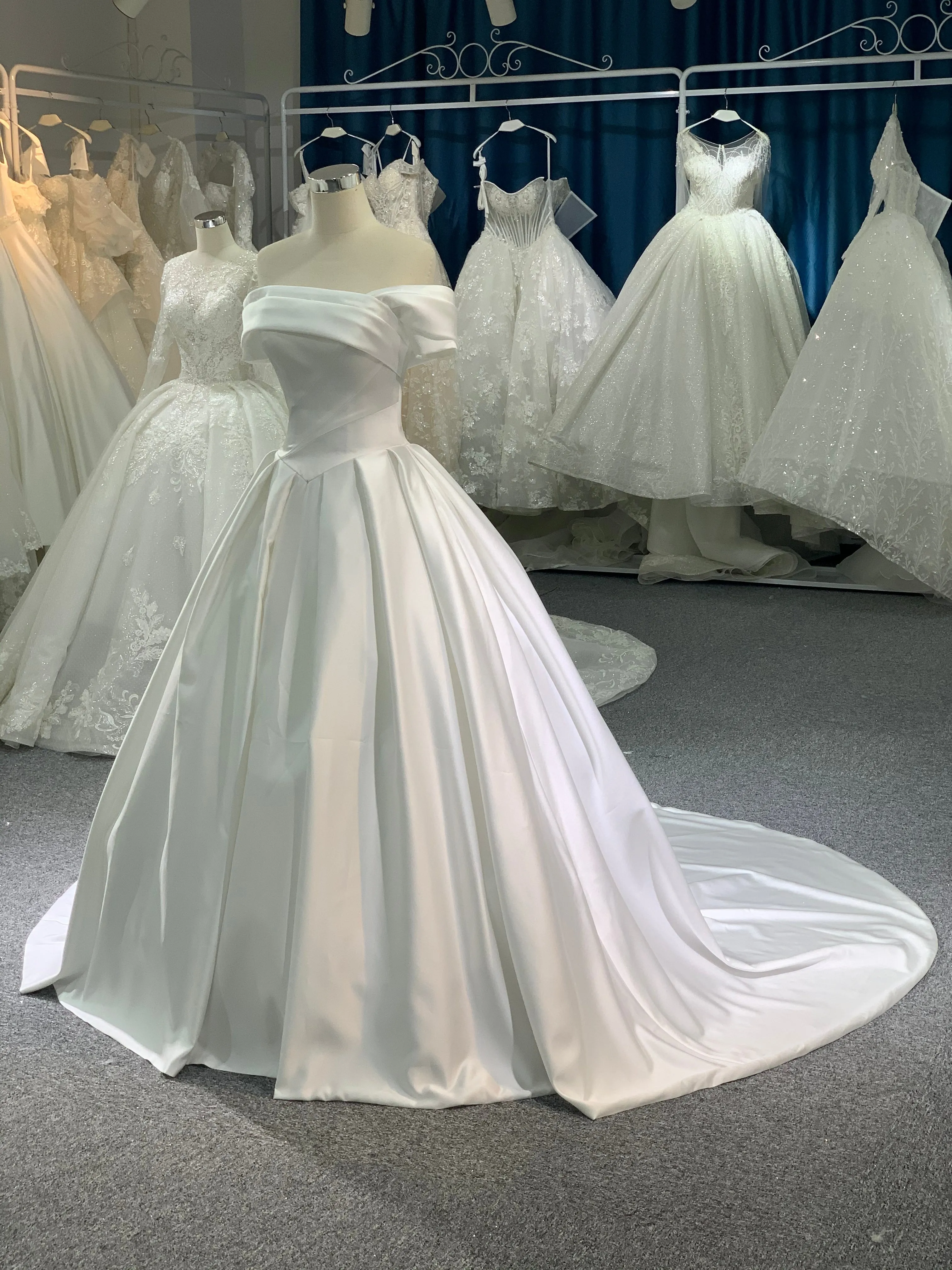 BYG elegant satin off the shoulder wedding dress