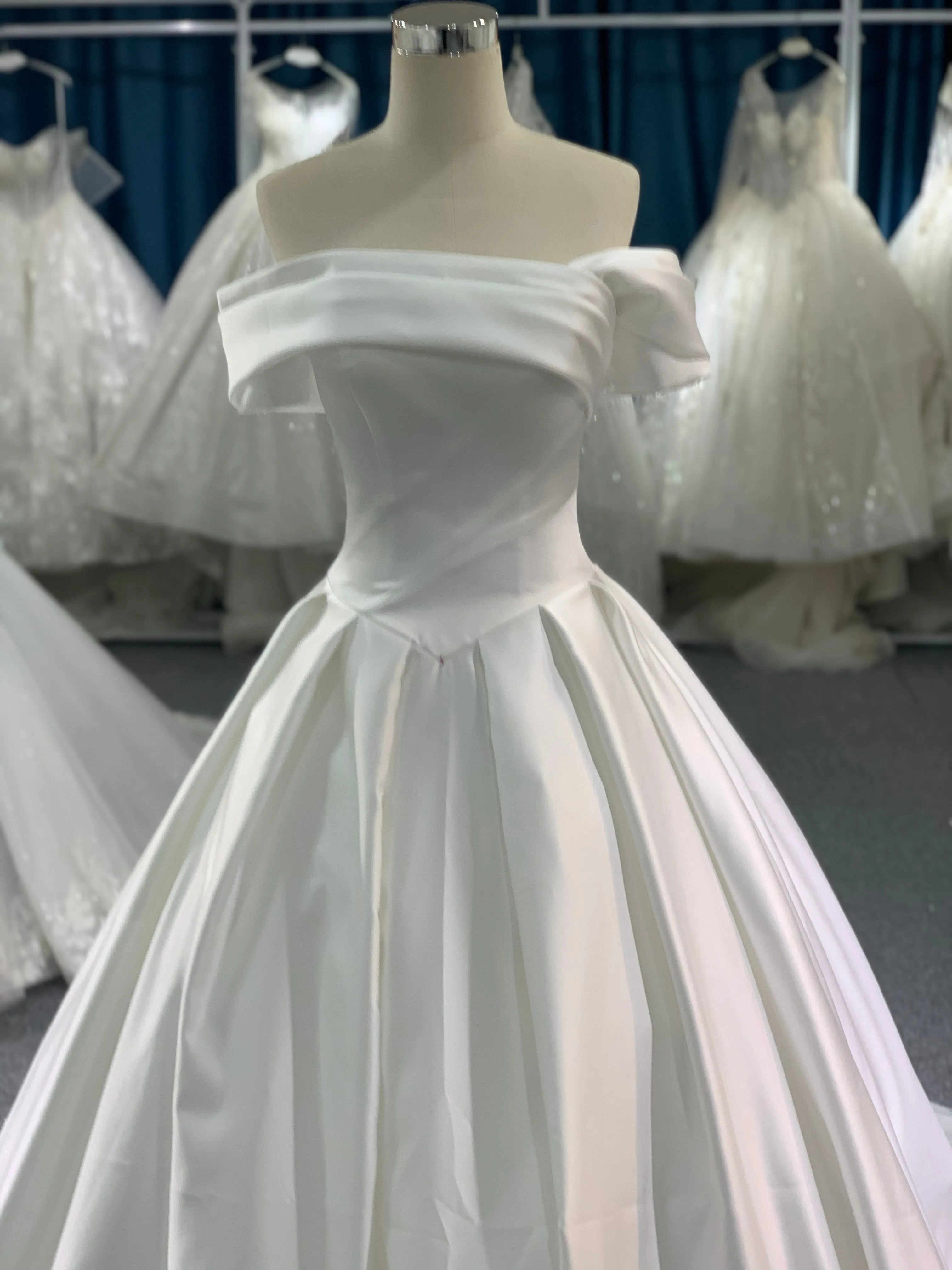 BYG elegant satin off the shoulder wedding dress