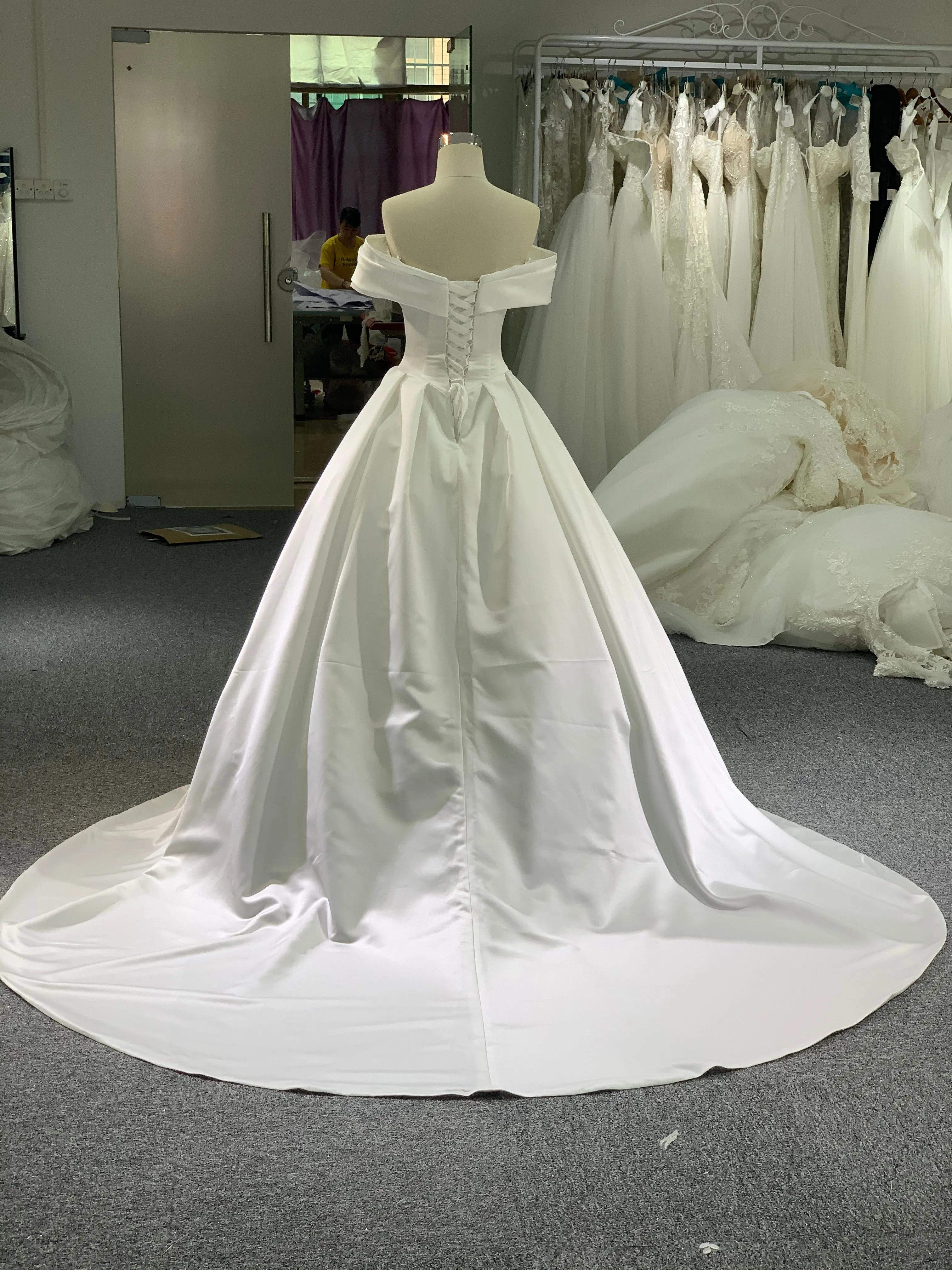 BYG elegant satin off the shoulder wedding dress