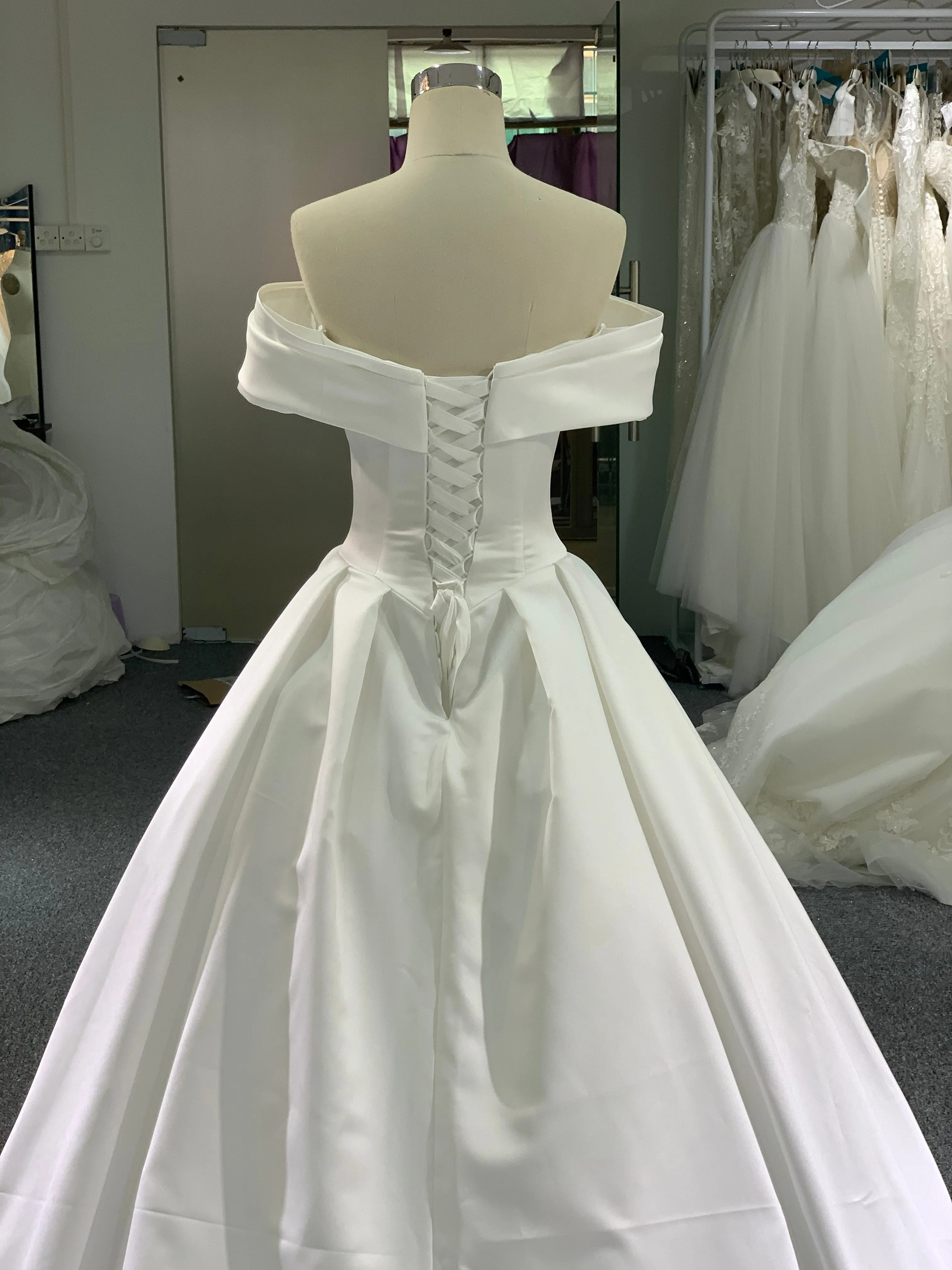 BYG elegant satin off the shoulder wedding dress