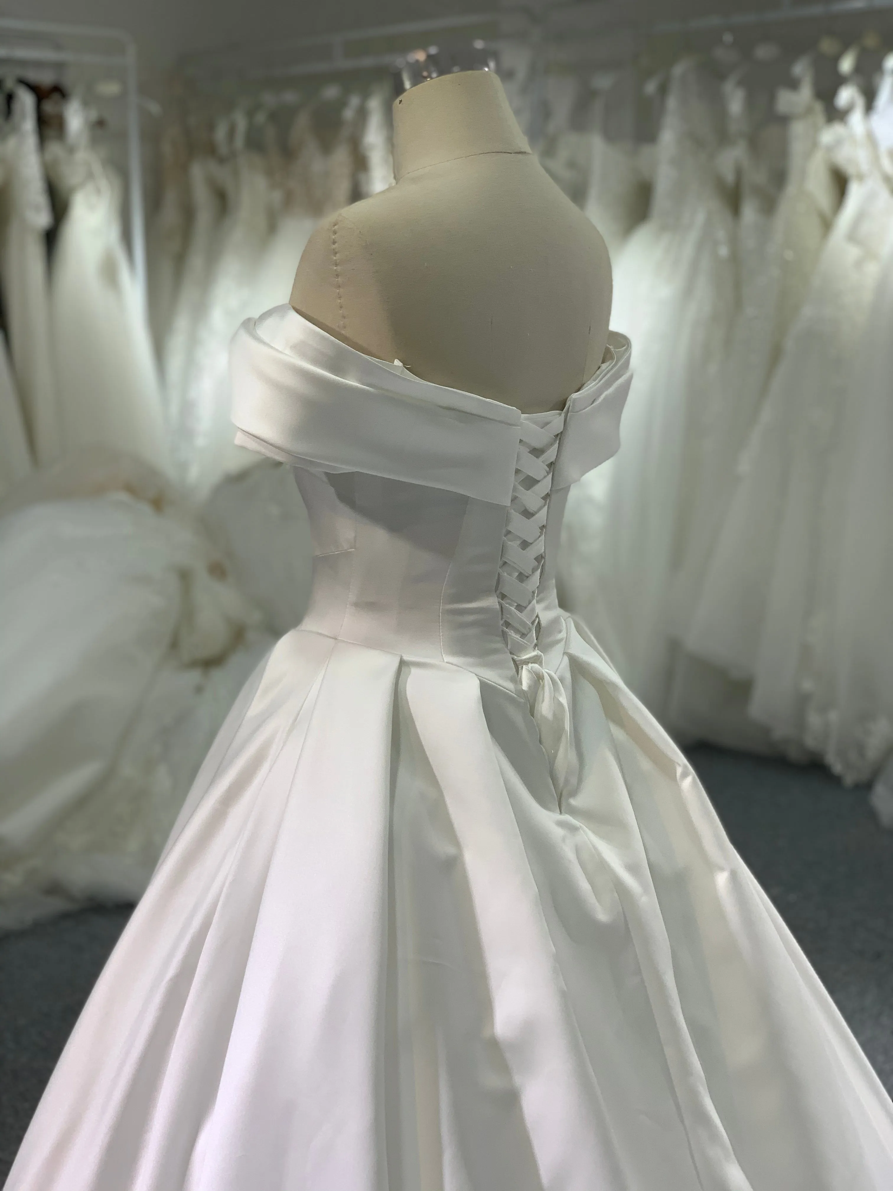 BYG elegant satin off the shoulder wedding dress