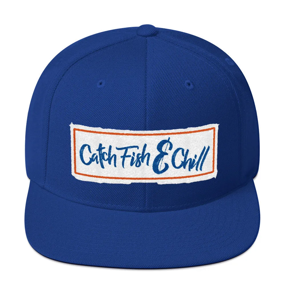 CATCH FISH & CHILL BOX LOGO BLUE FLAT BILL WOOL SNAP BACK