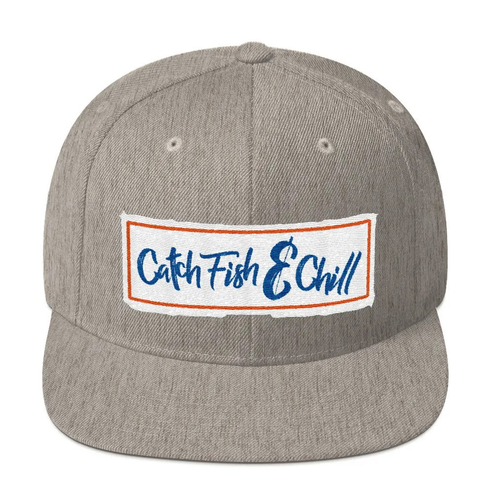 CATCH FISH & CHILL BOX LOGO BLUE FLAT BILL WOOL SNAP BACK