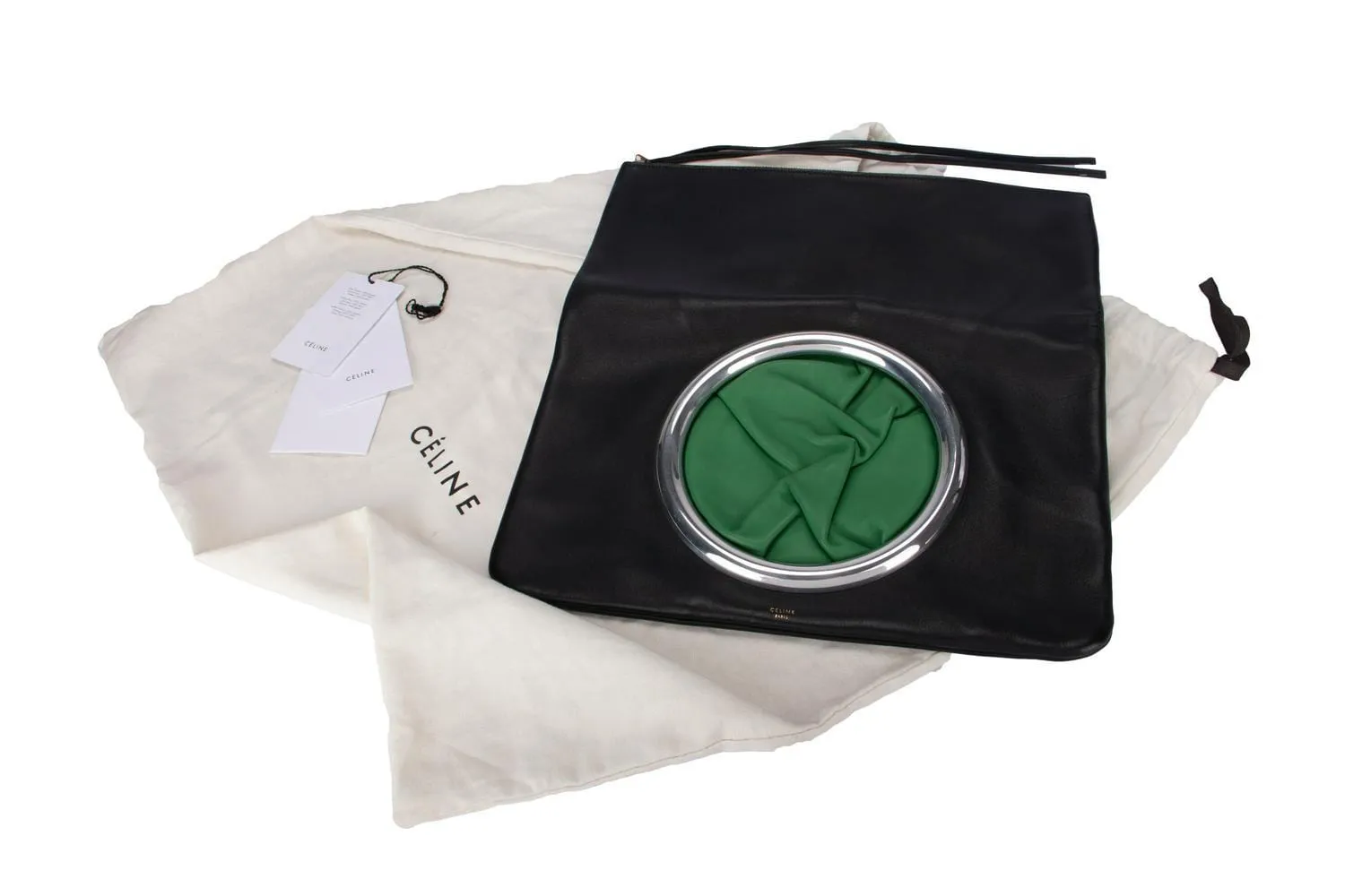 CELINE BLACK AND GREEN SOFT LEATHER CLUTCH