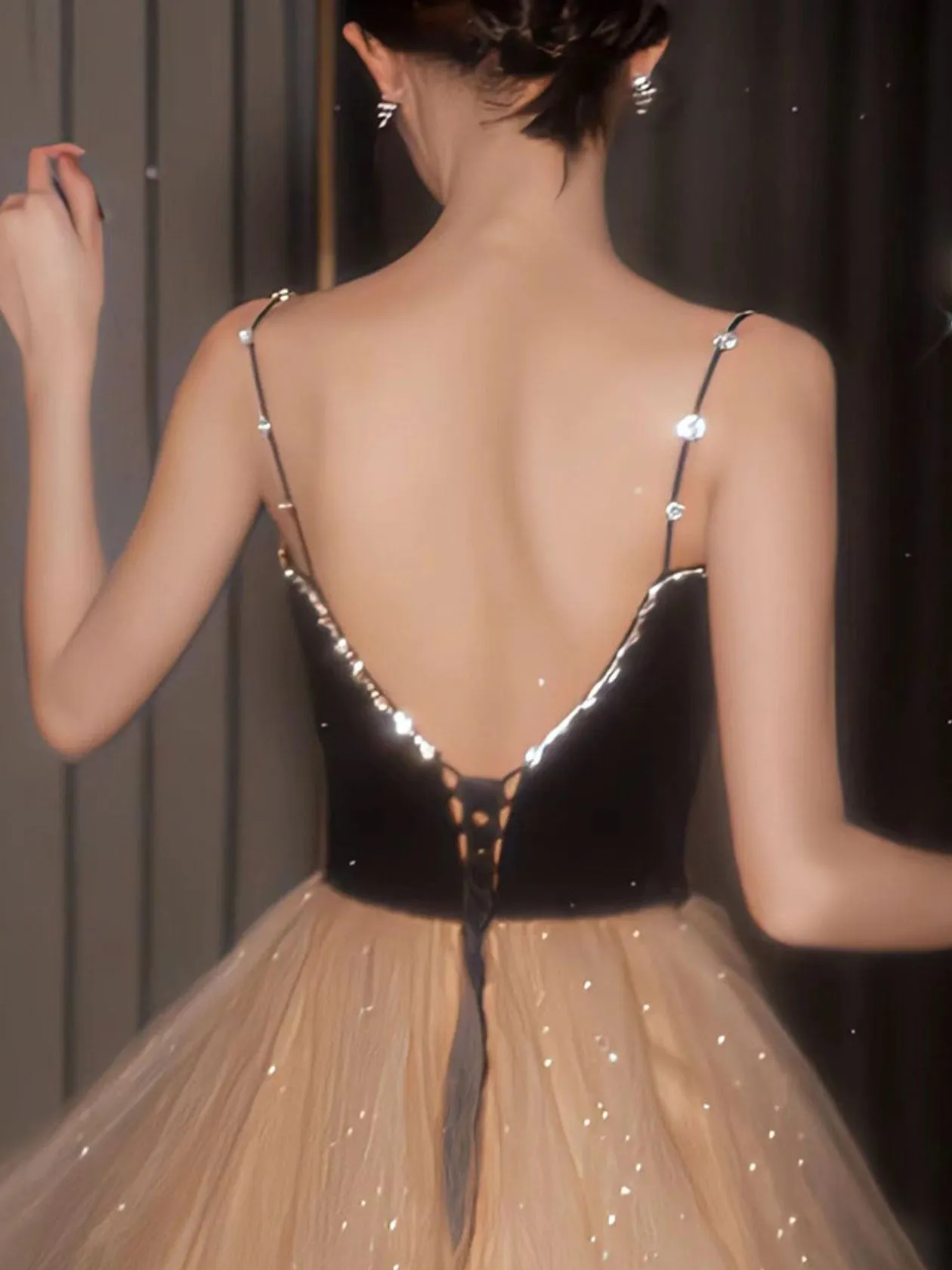 Champagne v neck tulle long prom dress, champagne evening dress
