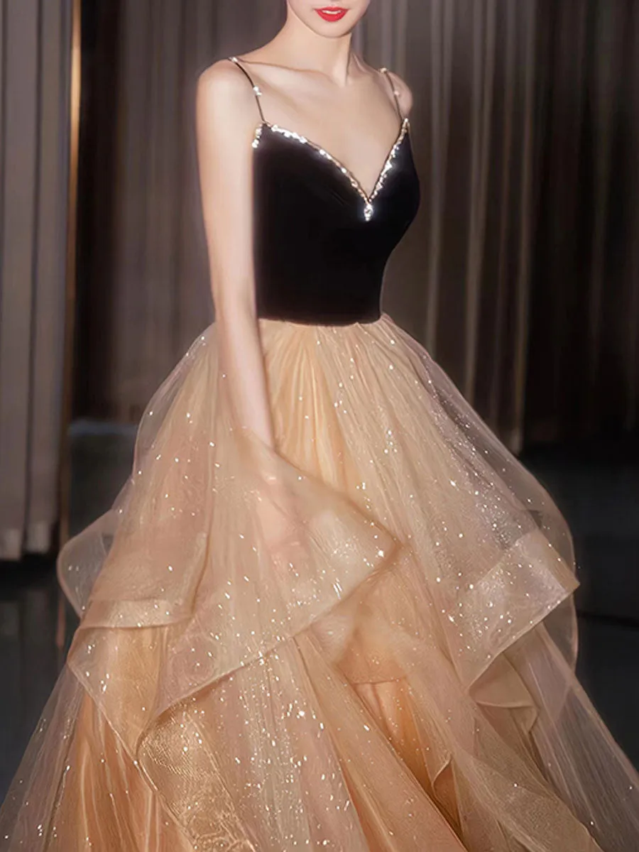 Champagne v neck tulle long prom dress, champagne evening dress