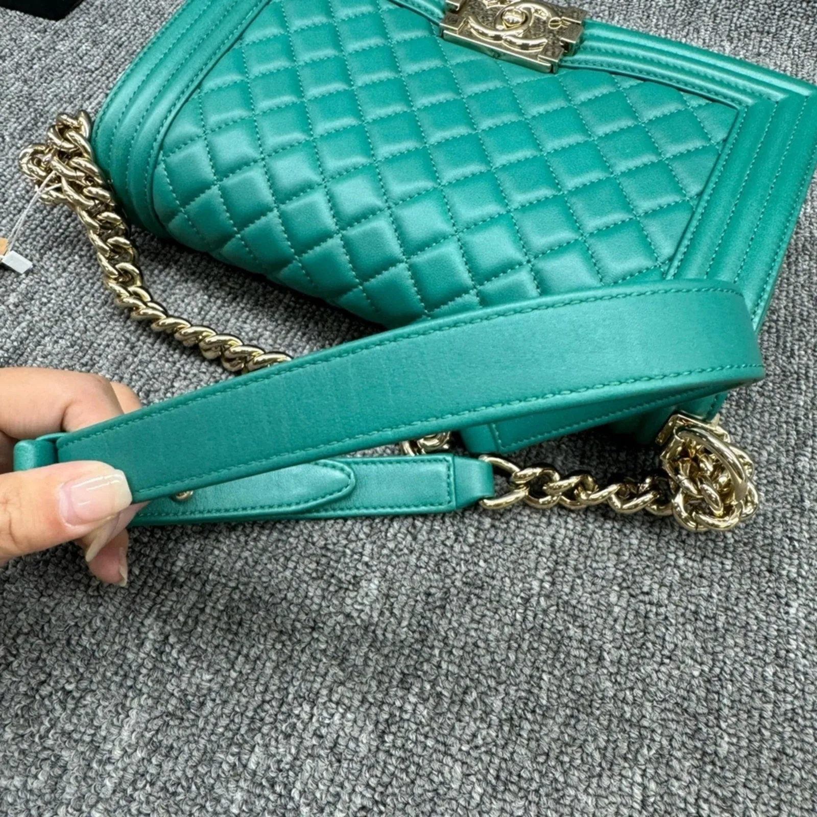 CHANEL Boy Green Leather Shoulder Bag