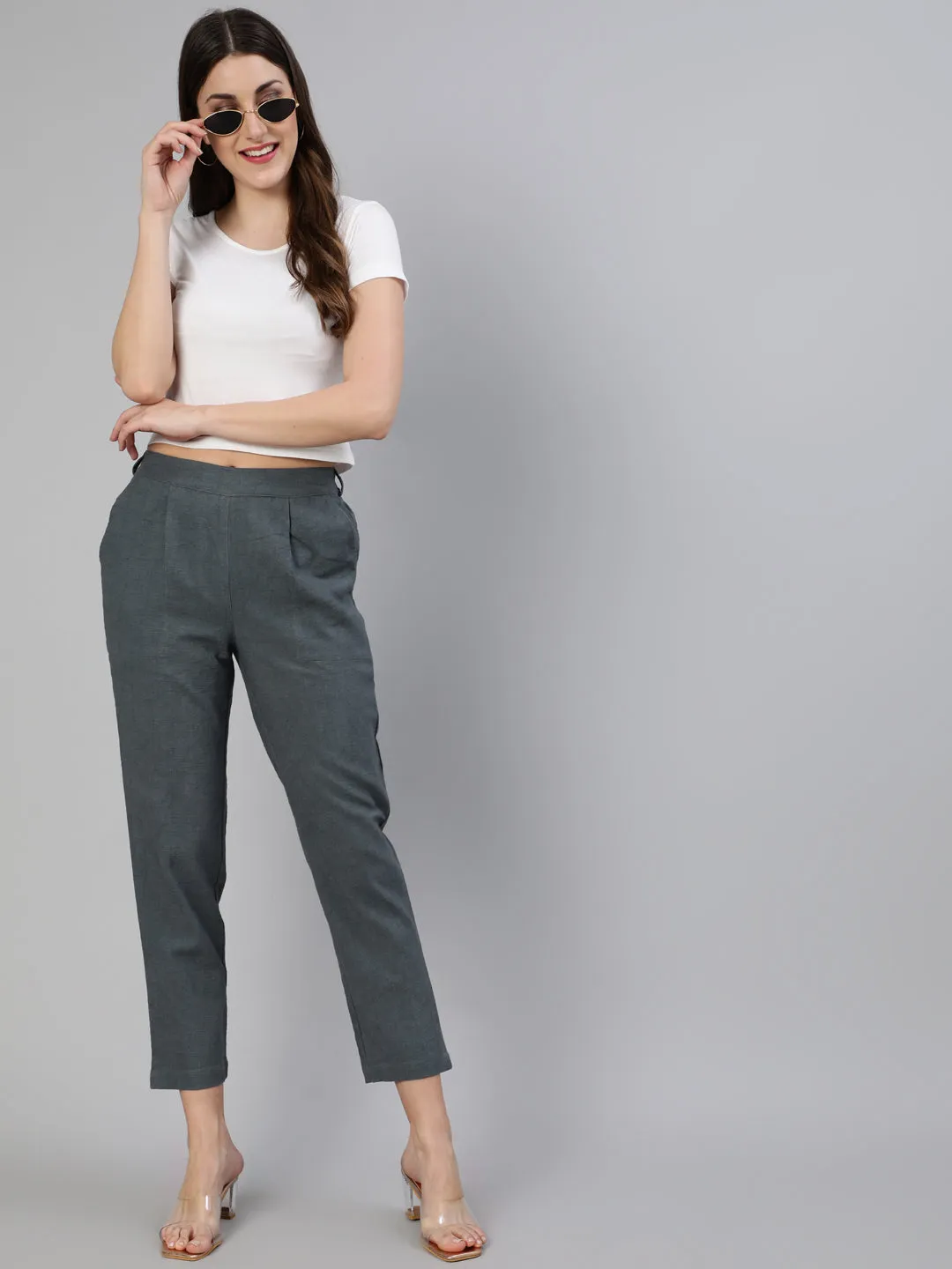 Charcoal Grey Cotton Slub Straight Pants