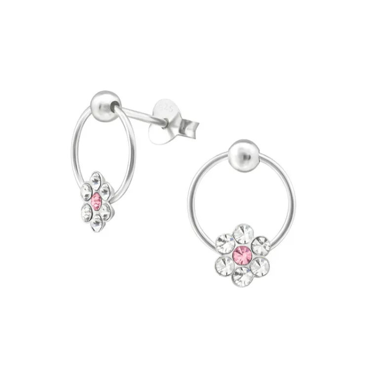 Children's Earrings:  Sterling Silver Pink/White Flower on Hoop Ball Studs
