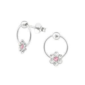 Children's Earrings:  Sterling Silver Pink/White Flower on Hoop Ball Studs